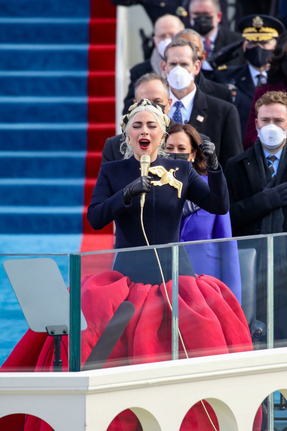 Lady Gaga Sang the National Anthem in a Look From an American Couturier