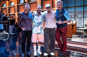 LATE NIGHT WITH SETH MEYERS -- Episode 1677 -- Pictured: (l-r) Host Seth Meyers with comedian/actor Adam Sandler, rapper Bad Bunny, and actor Christopher McDonald during a commercial break on July 22, 2025 -- (Photo by: Lloyd Bishop/NBC)