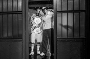 LATE NIGHT WITH SETH MEYERS -- Episode 1677 -- Pictured: (l-r) Comedian/actor Adam Sander and rapper Bad Bunny arrive on July 22, 2025 -- (Photo by: Lloyd Bishop/NBC)
