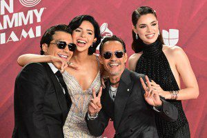 (From Left) Mexican singer-songwriter Christian Nodal, US-Mexican singer Angela Aguilar, US singer Marc Anthony and his wife Paraguayan model Nadia Ferreira attend the 25th Annual Latin Grammy Awards at the Kaseya Center in Miami, Florida, on November 14, 2024.
