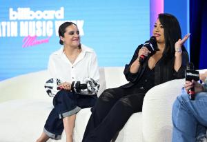 Isabel Castro, Suzette Quintanilla during the Billboard Latin Music Week Miami 2025 Selena y Los Dinos (Presented by Netflix) panel at the Fillmore Miami Beach on October 22, 2025 in Miami Beach, Florida.