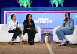 Isabel Castro, Suzette Quintanilla, Jessica Roiz during the Billboard Latin Music Week Miami 2025 Selena y Los Dinos (Presented by Netflix) panel at the Fillmore Miami Beach on October 22, 2025 in Miami Beach, Florida.